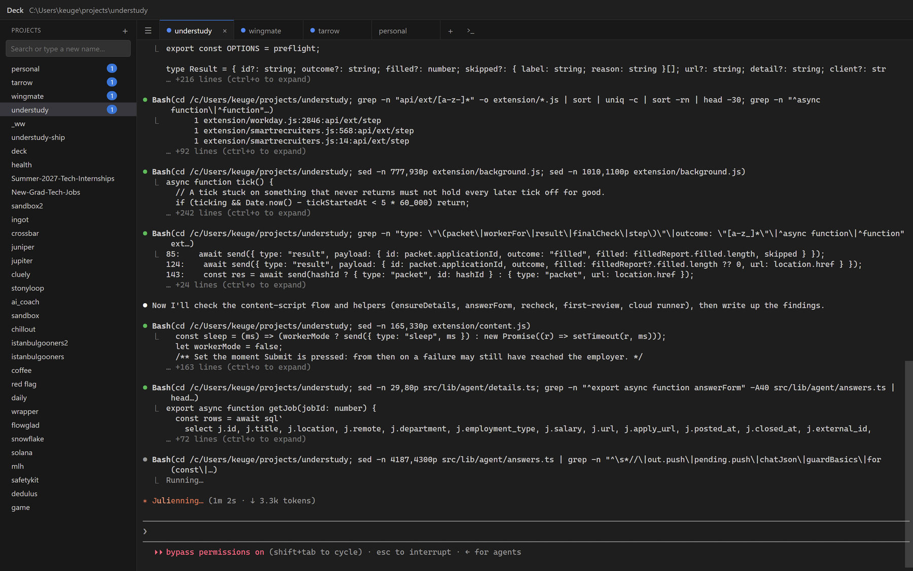 Deck with four Claude Code tabs open, one mid-task